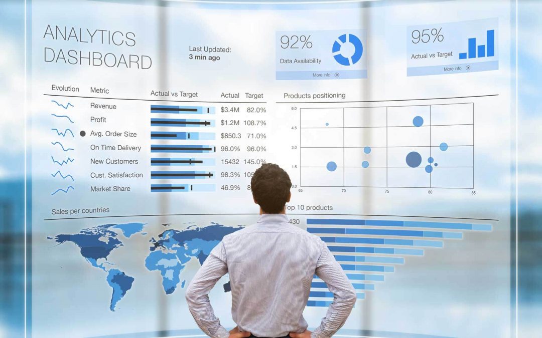 Graphic of a woman looking at a business KPI dashboard.