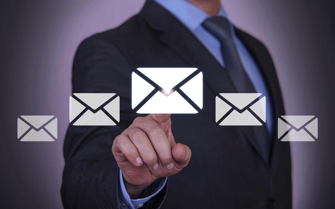 Graphic of a man pointing at email envelopes.