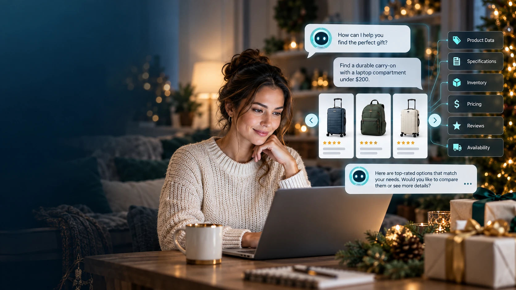 Shopper using an AI assistant to discover and compare products during the holiday season