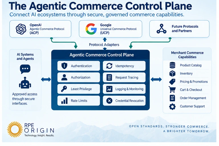 Governed control plane connecting OpenAI ACP, Google UCP and future protocols to merchant commerce capabilities through authentication, authorization and operational controls.